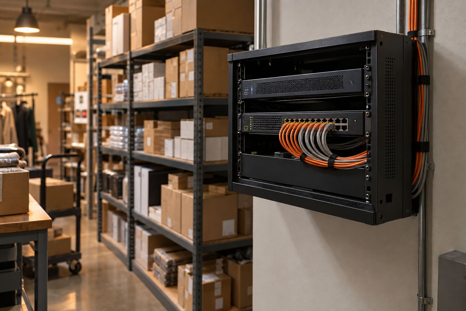 A neatly cabled wall-mounted network rack with a compact edge server and switch in a store stockroom